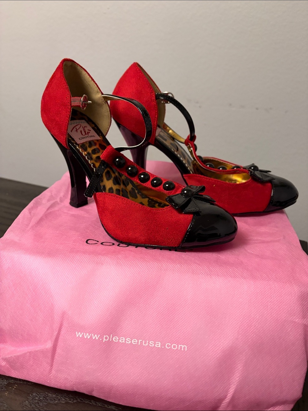 Pleaser Red Suede and Black Patent Mary Jane Heels with Bow Accent